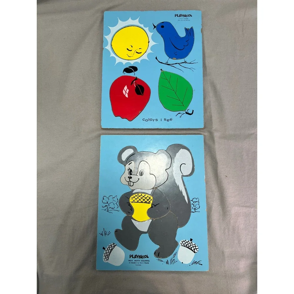 VTG Playskool Wooden Inlay Puzzles Set Nutty Squirrel Colors I See ‎ 70s Nursery